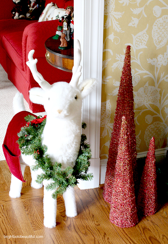 holiday home tour, christmas decorations, seasonal holiday decor, A snow white reindeer to greet you in the foyer