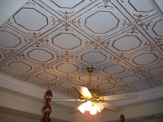 decorative ceiling tiles why didn t i think if this, home decor, kitchen backsplash, tiling, This pattern is the same as above but these have been painted with an accent of gold I didn t even recognize these as the same tile I love that you can paint them too Read more at