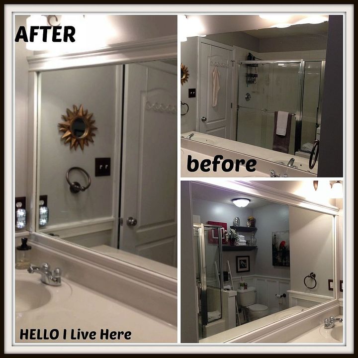 framing bathroom mirrors, bathroom ideas, diy, how to, woodworking projects, Before and After stop past our blog to see more photos