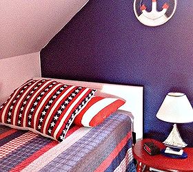 lake house kid s room transformation nautical cottage style, bedroom ideas, home decor, We found horizontal plank style head board and footboard at a yard sale and painted it white The horizontal lines look like the wooden planks on a boat so it worked out great Red night tables were found in an old cabin in Maine