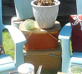 outdoor seating area my summer style, flowers, outdoor living, repurposing upcycling, For an end table I stacked vintage picnic baskets