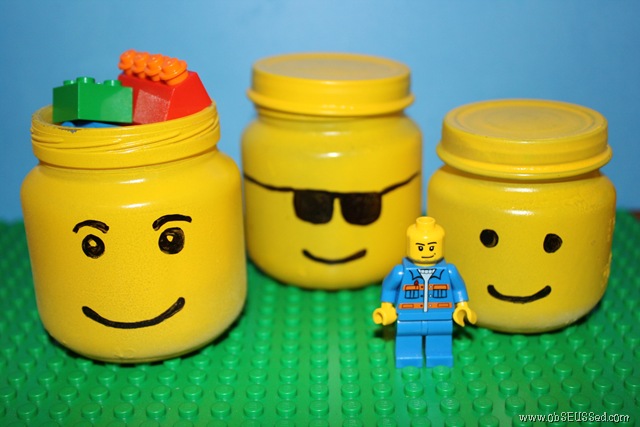how to use garbage as a tool for your kids, crafts, repurposing upcycling, Use old empty nutella s jar and paint them to receive unbelieavable big lego faces