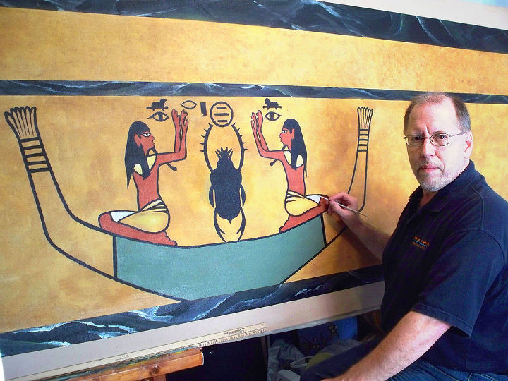 hahn working on egyptian panel, electrical, home decor, painting, Hahn paints Egyptian themed canvas
