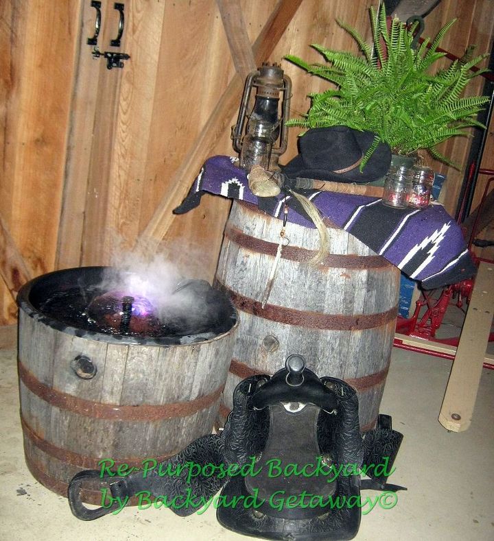 re purposed backyard, gardening, repurposing upcycling, whiskey barrel fountain