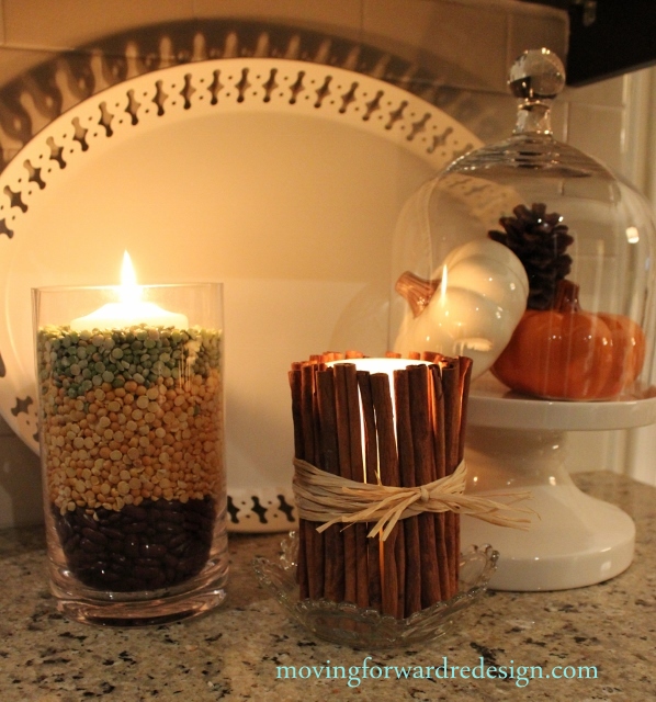 cinnamon candle and pumpkins my fall vignette, seasonal holiday d cor, Tie cinnamon sticks around a candle and wrap some raffia or twine to secure