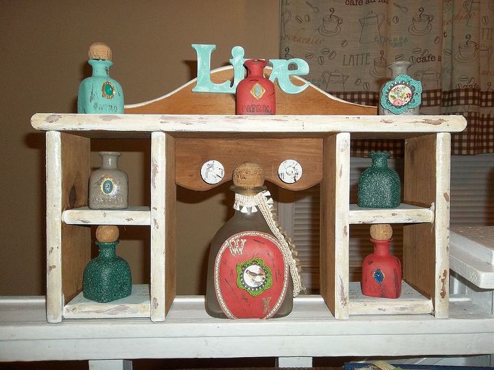 decorating old bottles and using an old shelve from the thrift store, crafts, repurposing upcycling, shelving ideas