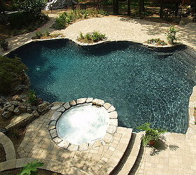 a facelift for a 22 year old this one needed it see how we transformed this, outdoor living, pool designs, spas, Natural freeform gunite swimming pool with new spillover spa mossrock waterfall tumbled stone patio landscaping