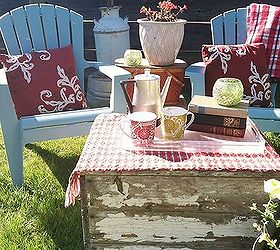 outdoor seating area my summer style, flowers, outdoor living, repurposing upcycling, Lots of repurposed items make up this cozy outdoor seating area I fill my vintage coffee pot with iced coffee and louge here on a warm summer evening
