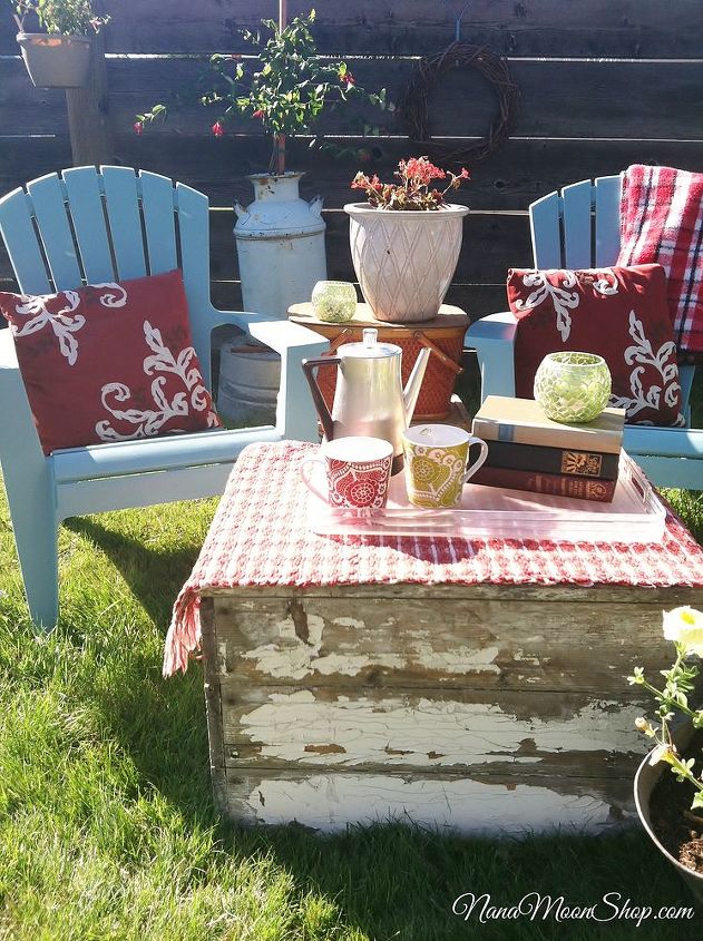 outdoor seating area my summer style, flowers, outdoor living, repurposing upcycling, Lots of repurposed items make up this cozy outdoor seating area I fill my vintage coffee pot with iced coffee and louge here on a warm summer evening