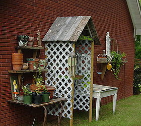 a stroll to my potting area with camera in hand, gardening, outdoor living, repurposing upcycling, Recipe Old windows pallet wood and some leftover boards from house building Add some brain storming and creativity mix it all together and you have a potting area