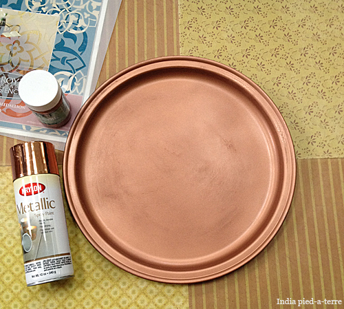 diy moroccan tray with stencil and copper leaf, crafts, painting, Paint the tray with copper spray paint