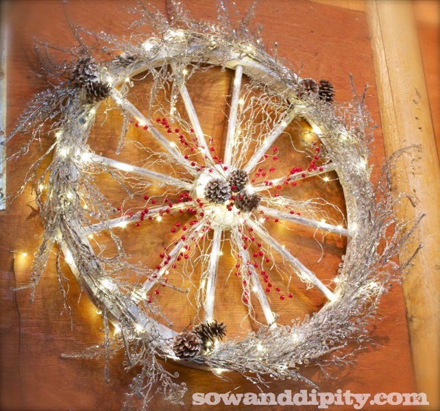 10 cool diy christmas decor idea s, christmas decorations, crafts, seasonal holiday decor, wreaths, This Farmhouse Glam wagon wheel wreath is perfect for our Country Store Milner Village Garden Centre
