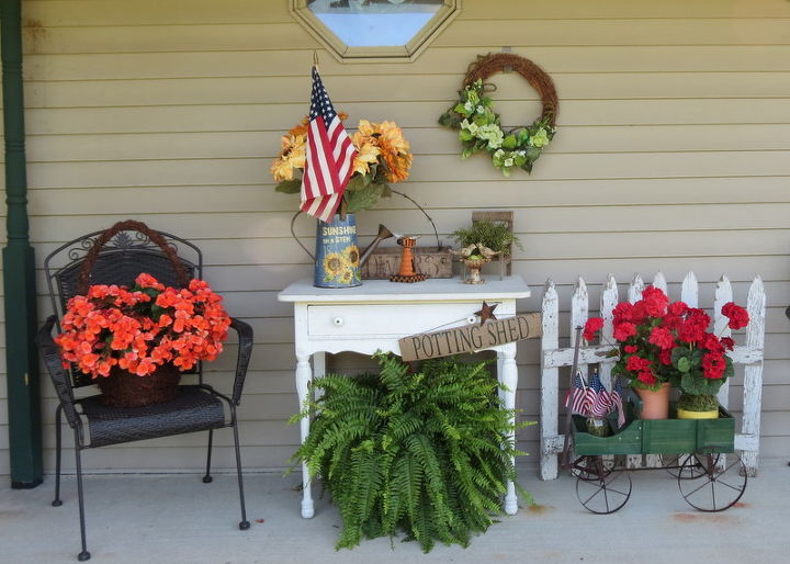 porch with a purpose, container gardening, flowers, gardening, outdoor living, repurposing upcycling, Wasn t sure about putting the white table there but it worked out ok