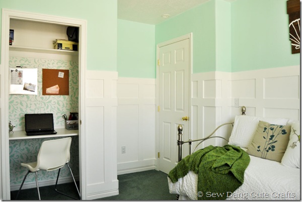 chic stenciled closet ideas, cleaning tips, home decor, painting, Tam from Sew Dang Cute didn t just stop in the closet she complemented our Tailfeathers Allover Stencil with a soft minty hue in the rest of the room