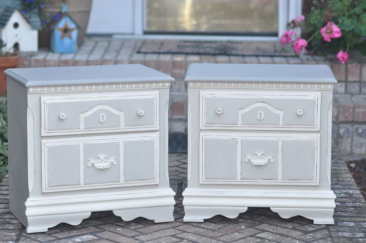 chic grey linen nightstands, painted furniture, We re there