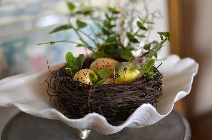 spring time accessories, seasonal holiday d cor, A small nest found a home in a seashell in this vignette