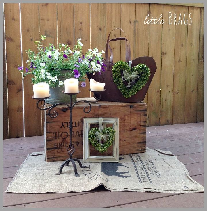 different vignettes on an old crate, home decor, repurposing upcycling
