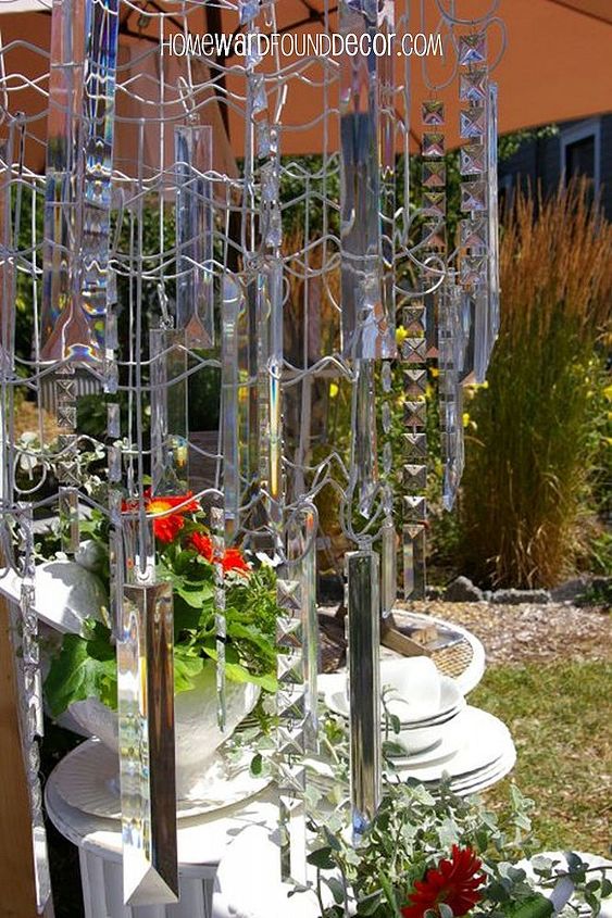 garden chandelier made from wire garden fencing, crafts, outdoor living, repurposing upcycling, Concentric circles of fencing create a tiered chandelier with dripping resin crystals