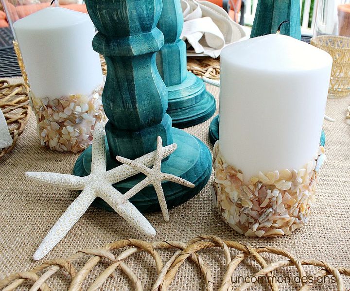 creating a summer beach tablescpae, crafts, seasonal holiday decor, Love the little strfish and capiz shell candle