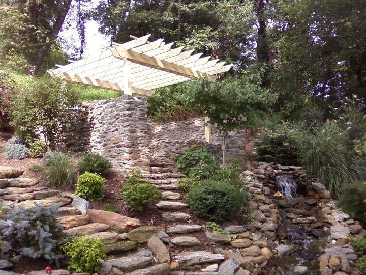 water and rock, concrete masonry, gardening, landscape, stone smokehouse turned into a courtyard patio with custom made pergola