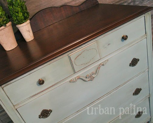 antique chest of drawers soft duck egg blue rich chocolate, painted furniture, The dark walnut stained top sets off the original hardware beautifully The body is finished in ASCP Duck Egg my new favorite lightly distressed and antiqued with clear and dark wax