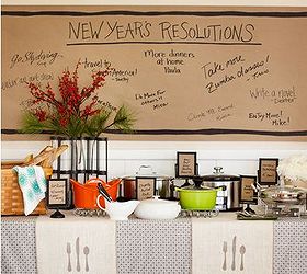 6 new year s eve party ideas, seasonal holiday d cor, Potluck Summon the neighbors to a relaxed potluck dinner where everyone contributes Have guests write dish names on brown kraft paper slipped into footed frames a paper wall banner displays their resolutions