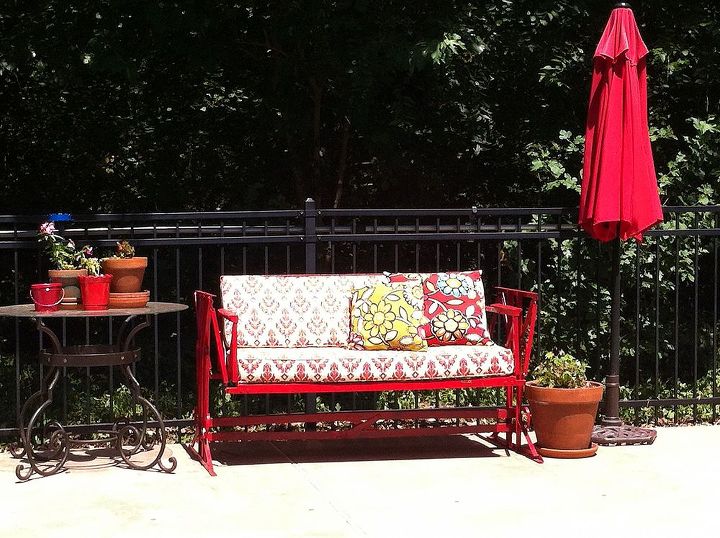 vintage glider before and after, outdoor furniture, painted furniture, The view out my back door