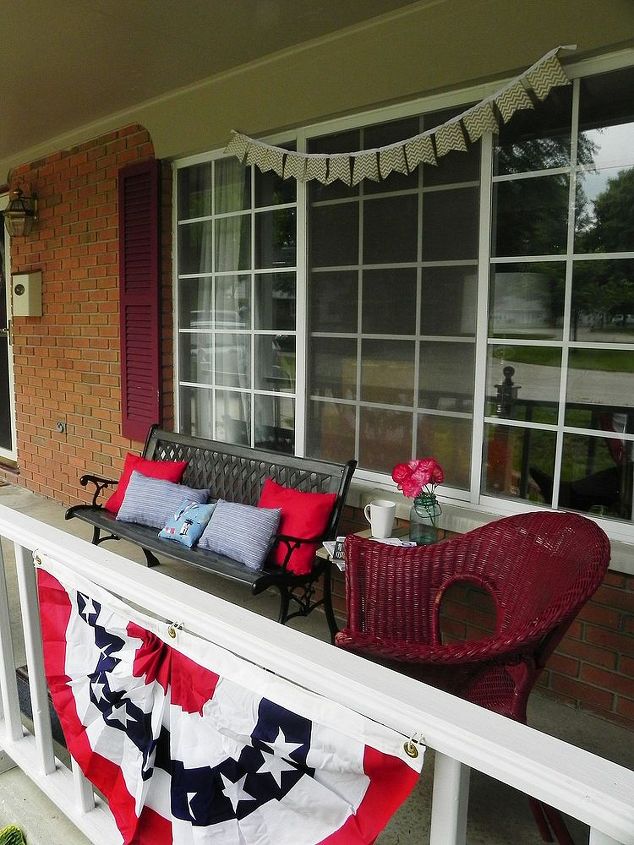 red white blue front porch updates, patriotic decor ideas, porches, seasonal holiday decor, wreaths, Added in some inviting seating