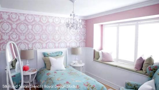 stencil and pattern ideas for girl s bedrooms, bedroom ideas, painting, Designer Trish Johnston used our Silk Road Suzani in a transitional bedroom for a young girl Perfect for a little girl turned young lady
