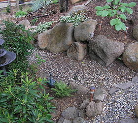 our garden, container gardening, gardening, Rock walkway with birdbath and plants