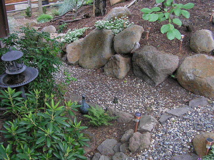 our garden, container gardening, gardening, Rock walkway with birdbath and plants