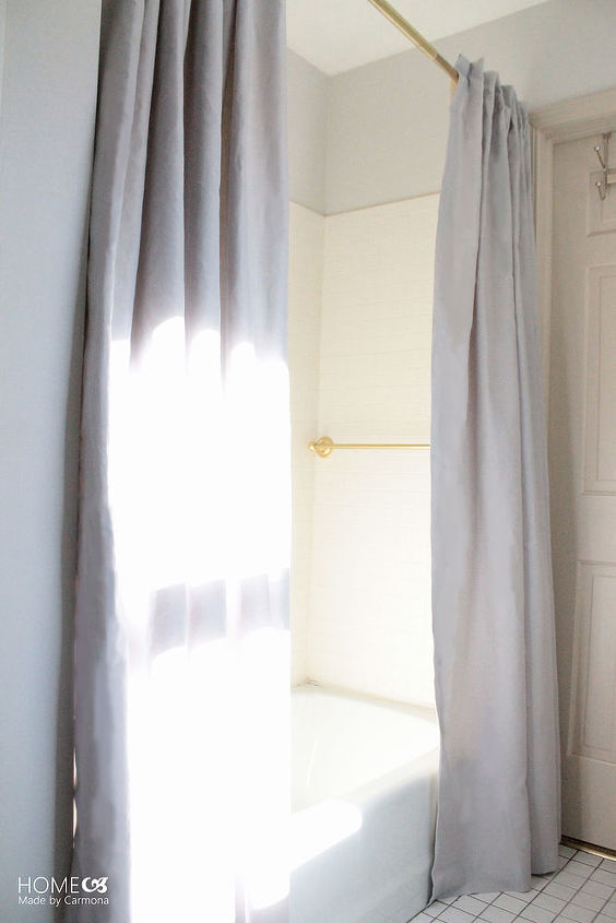 83 bathroom makeover, bathroom ideas, home decor, This DIY curtain tutorial produces a much more elegant result than a store bought shower curtain and is a fraction of the cost
