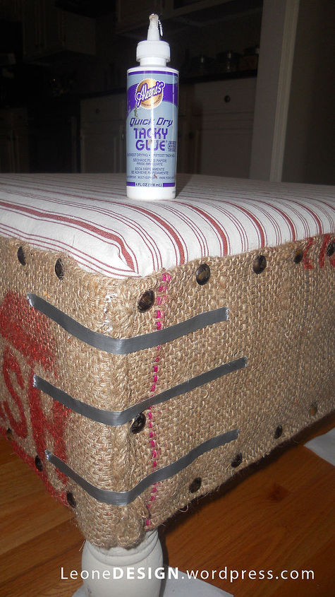 coffee sack ottoman, painted furniture, reupholster, window treatments, I wanted to use the actual stitched sides of the coffee sacks for the ottoman s corners but in doing so the corners seemed to poke out they were a bit bulky To solve that problem I used tacky glue and duct tape to calm them down