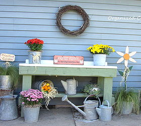 early fall potting bench outdoor decor, gardening, seasonal holiday decor, The whole potting bench vignette