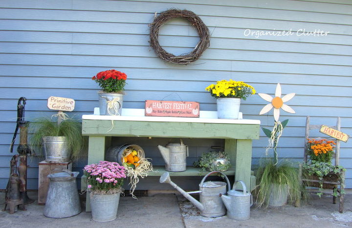 early fall potting bench outdoor decor, gardening, seasonal holiday decor, The whole potting bench vignette