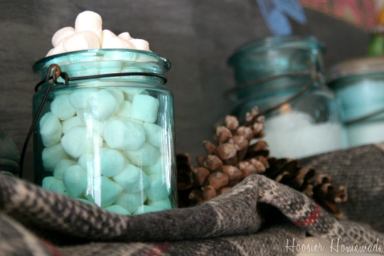 decorating your mantel for winter, chalkboard paint, crafts, mason jars, seasonal holiday decor, Aqua mason jars hold mini marshmallows