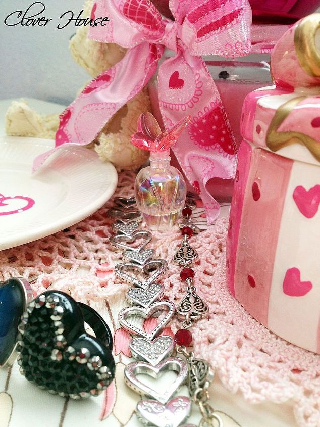a small pink valentine vignette, seasonal holiday d cor, valentines day ideas, I used some of my heart jewelry and a perfume bottle I had sitting on my dressing table