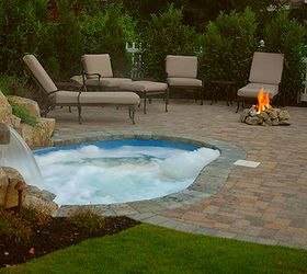 small backyard this spool is the perfect solution, Paver patio with a spool pool and spa in one with waterfall and gas fire pit