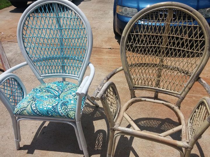 up cycled wicker chairs, painted furniture, Sanded the old painted the new