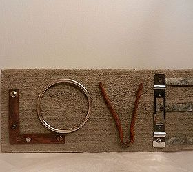rust sign, crafts, repurposing upcycling, LOVE SIGN MADE FROM JUNK DRAWER ITEMS MOUNTED ON A STAINED CEDAR BOARD