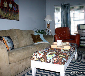 our always in progress home tour, home decor, Our living room with ottoman created from an old yard sale coffee table