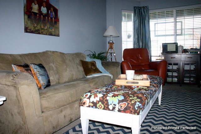 our always in progress home tour, home decor, Our living room with ottoman created from an old yard sale coffee table