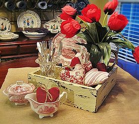 fun ideas for valentine s day, seasonal holiday d cor, valentines day ideas, A shabby box and handmade ticking and toile hearts star in my Valentine centerpiece See more here