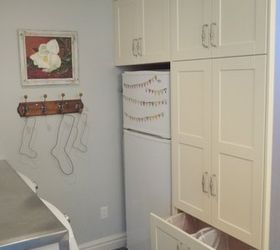 laundry room makeover in 1918 farmhouse, doors, home decor, home improvement, laundry rooms, Extra fridge and pull out laundry hamper and lots more storage
