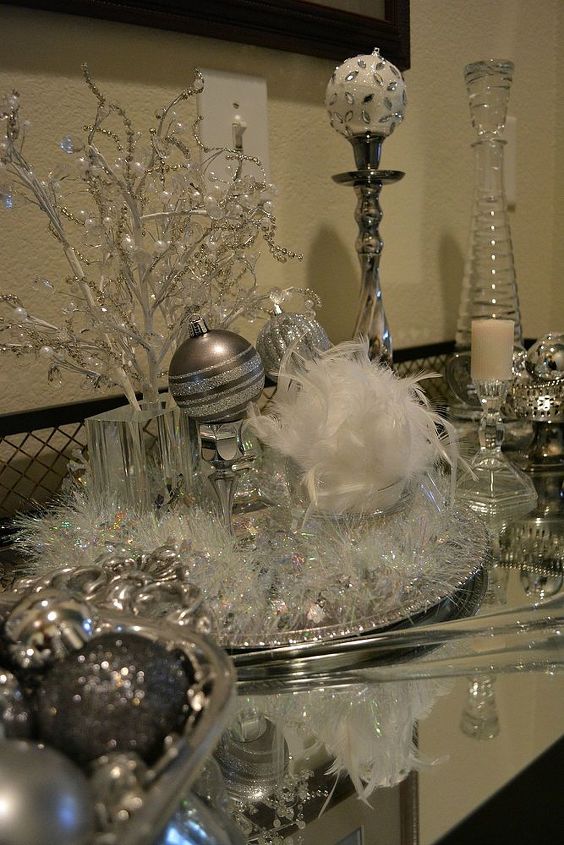 easy to create winter white vignette for the holidays, christmas decorations, seasonal holiday decor, Some stems covered in white with white pearls and glass beading a feathered ornament and some silver ornaments