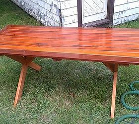 picnic table, diy, how to, painted furniture, woodworking projects, With the use of various size exterior screws and a drill to pre drill pilot holes I assembled the table board and batten style The legs and cross bar are fastened into battens Now the top is hand sanded with 220 and oiled again