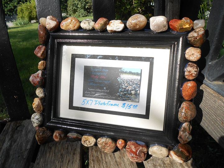 my lake superior rock collection, crafts, home decor, pallet, repurposing upcycling, 5x7 photo frame wide black base single row rocks available for sale
