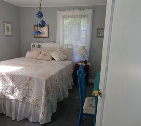 my vintage beach inspired and very thrifted guestroom is done, bedroom ideas, home decor, The vintage looking bedding was my granddaughters at one time Still in great shape The bed was free as was the headboard I painted it in a glossy pearl white