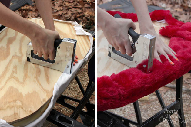 galvanized tub storage bench, diy, how to, repurposing upcycling, To secure the foam cover the foam with the old t shirt Trim and staple the edges Repeat the same process with your furry fabric