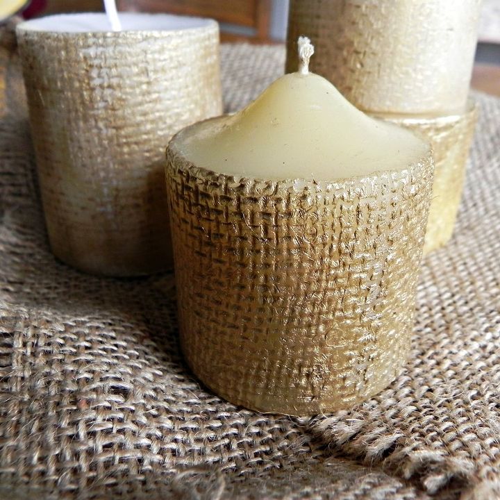 pottery barn inspired golden burlap candles, crafts, seasonal holiday decor, See how well the candles take the burlap texture